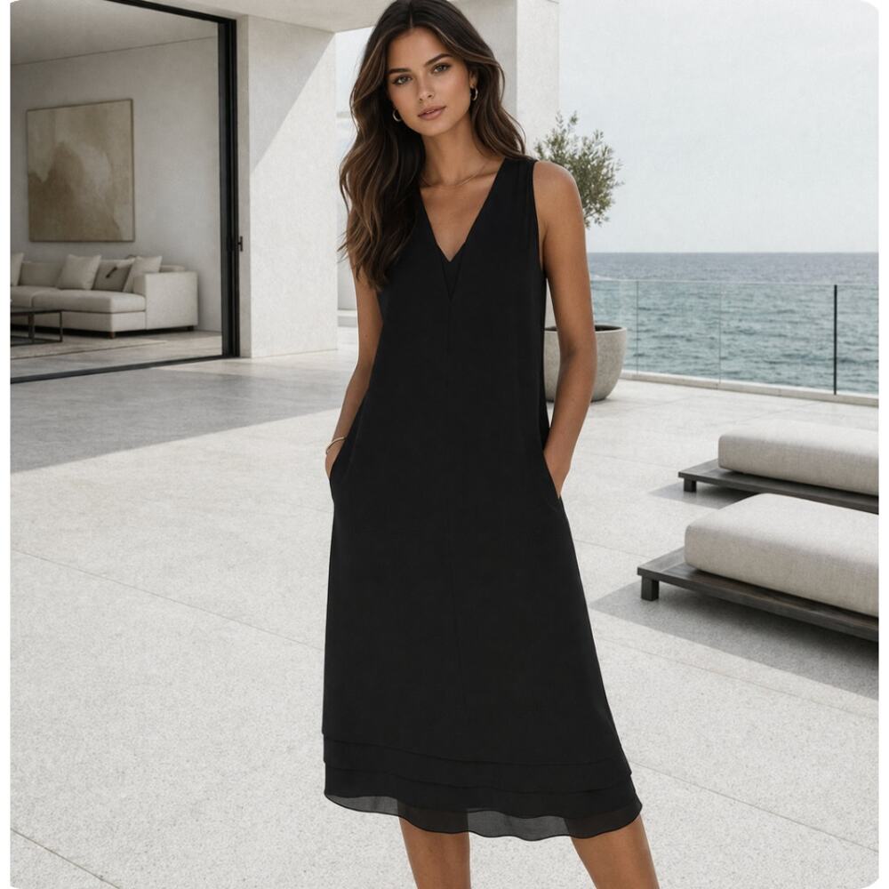 Vince Black Silk Blend Sleeveless V Neck Shift Dress Minimalist Size S Old Money